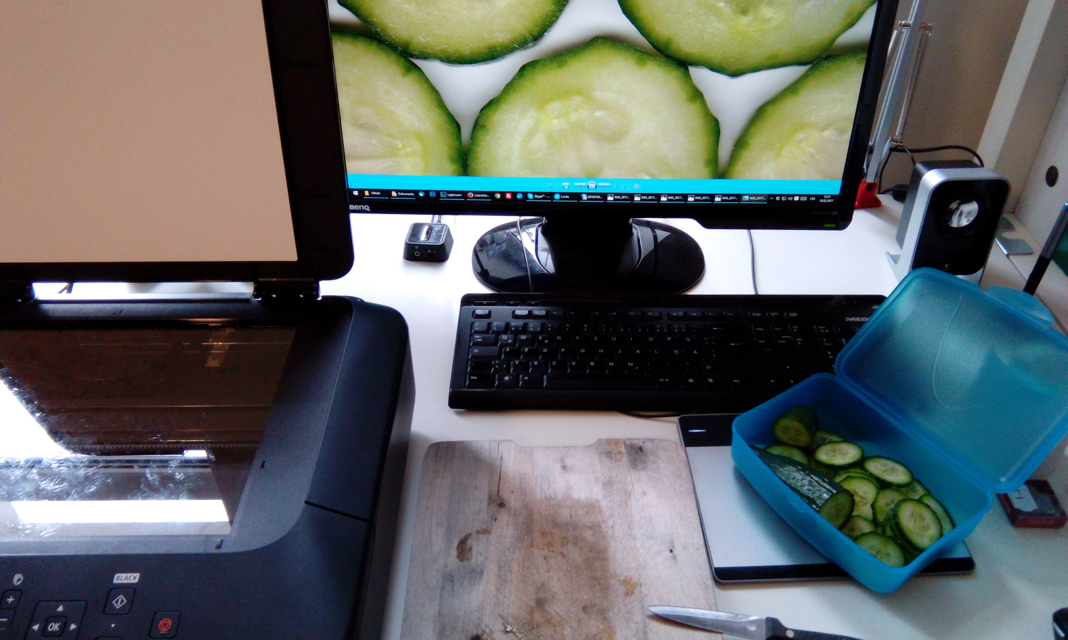 Mein Schreibtisch mit Scanner, Schneidbrett, Gurken und Monitor
