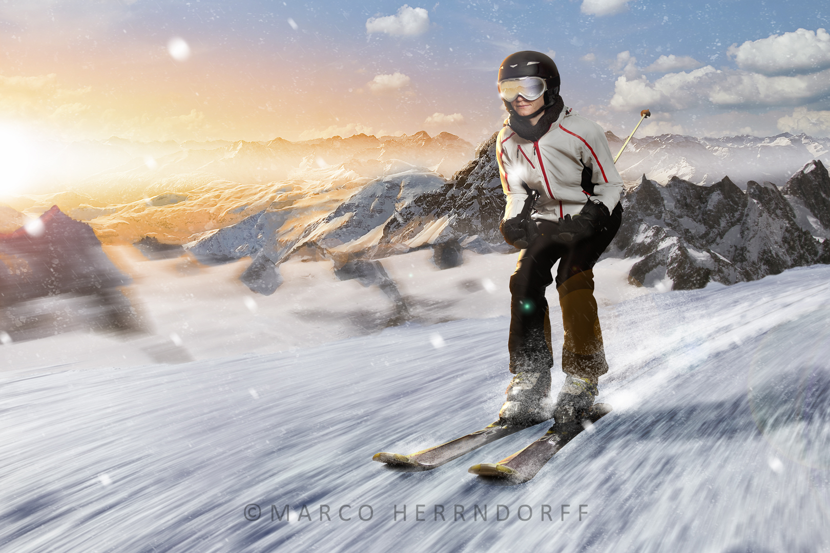 Fotomontage einer Skifahrerin vor einem Bergpanorama