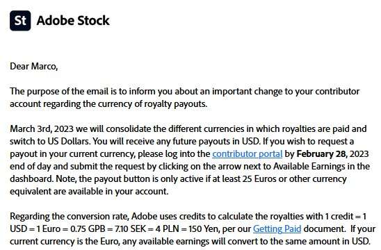 Emailnachricht von Adobe bezüglich Umstellung von Euro auf Dollar
